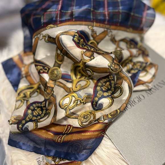 Italian made :equestrian style scarf. Very pretty: blues and golds 62” Lx14” w - Picture 8 of 10